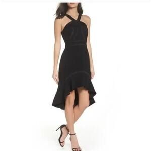 Foxiedox Womens Aviana High Low Ruffle Hem Halter Dress Black Braid Detail Small